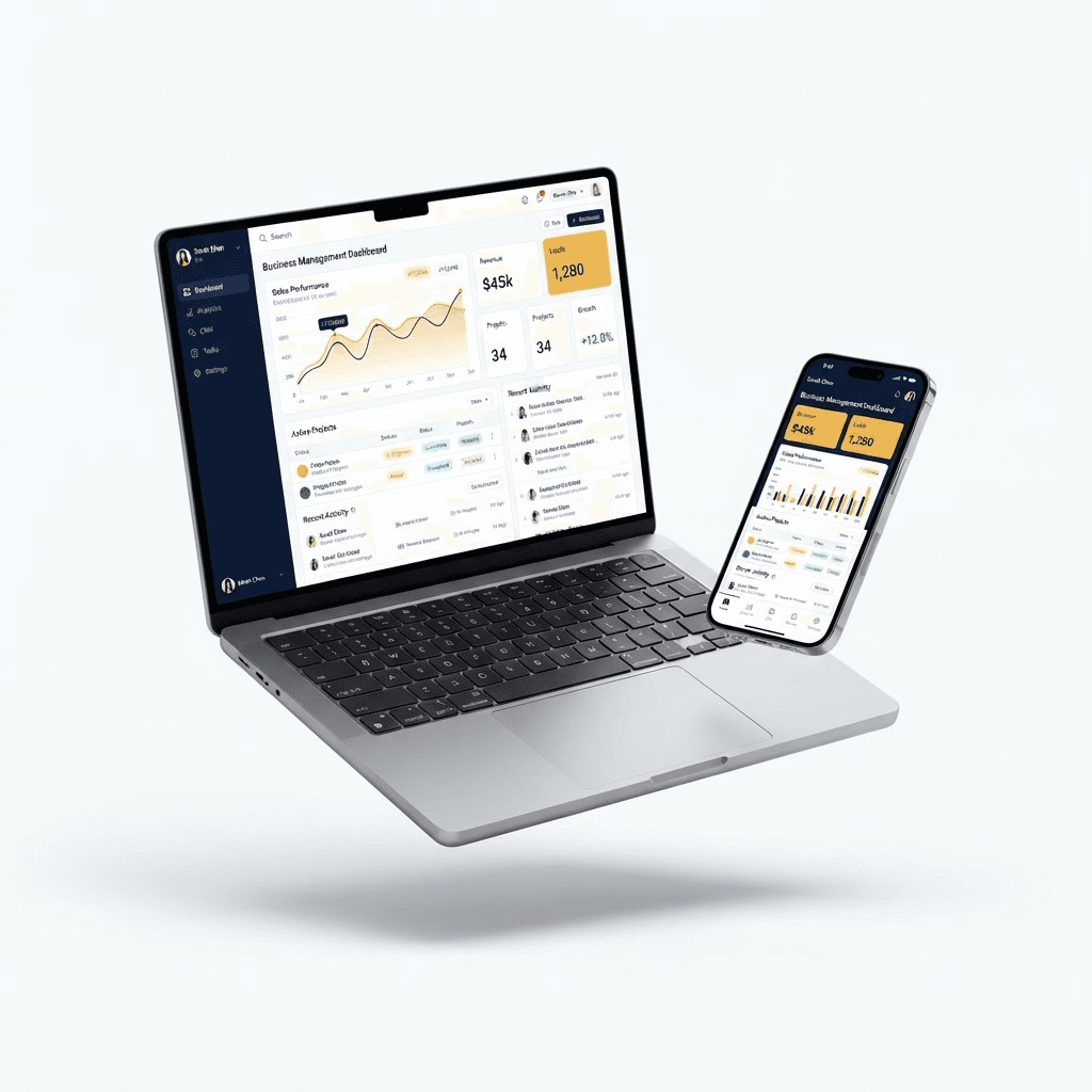 Mockup d’une application métier WebCabal sur ordinateur portable et smartphone, avec tableau de bord, graphiques et indicateurs