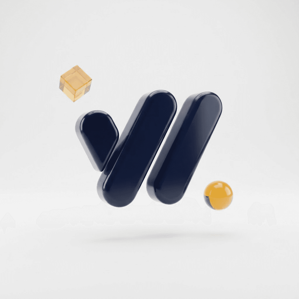 Rendu 3D du logo W de WebCabal, entouré d’un cube et d’une sphère ambrés